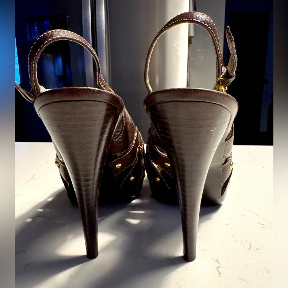Guess by Marciano Brown Leather Peep Toe Slingback Platform Heels Size 8